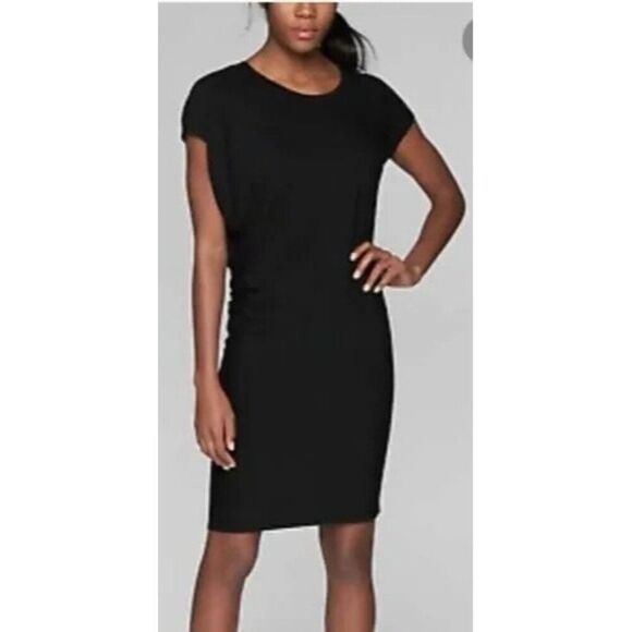 Athleta Draped Crew Dress in black, size medium, 93% Modal, 7% Spandex - Picture 1 of 15